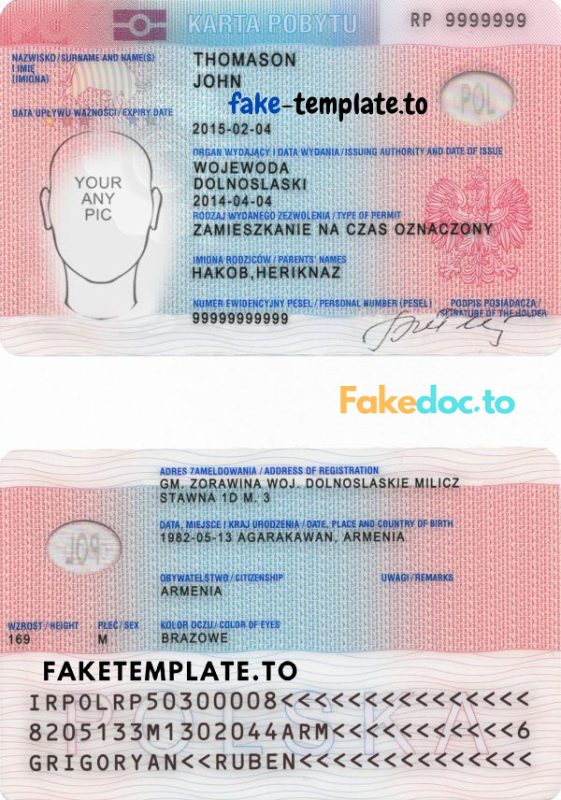 Poland ID Karta Pobutu Rezidence Permit 2011+ Editable PSD Template